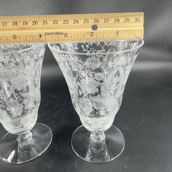 Antique Tiffin Franciscan June Nights Clear Etched Floral Goblet Glasses Set 2 - Picture 6 of 11